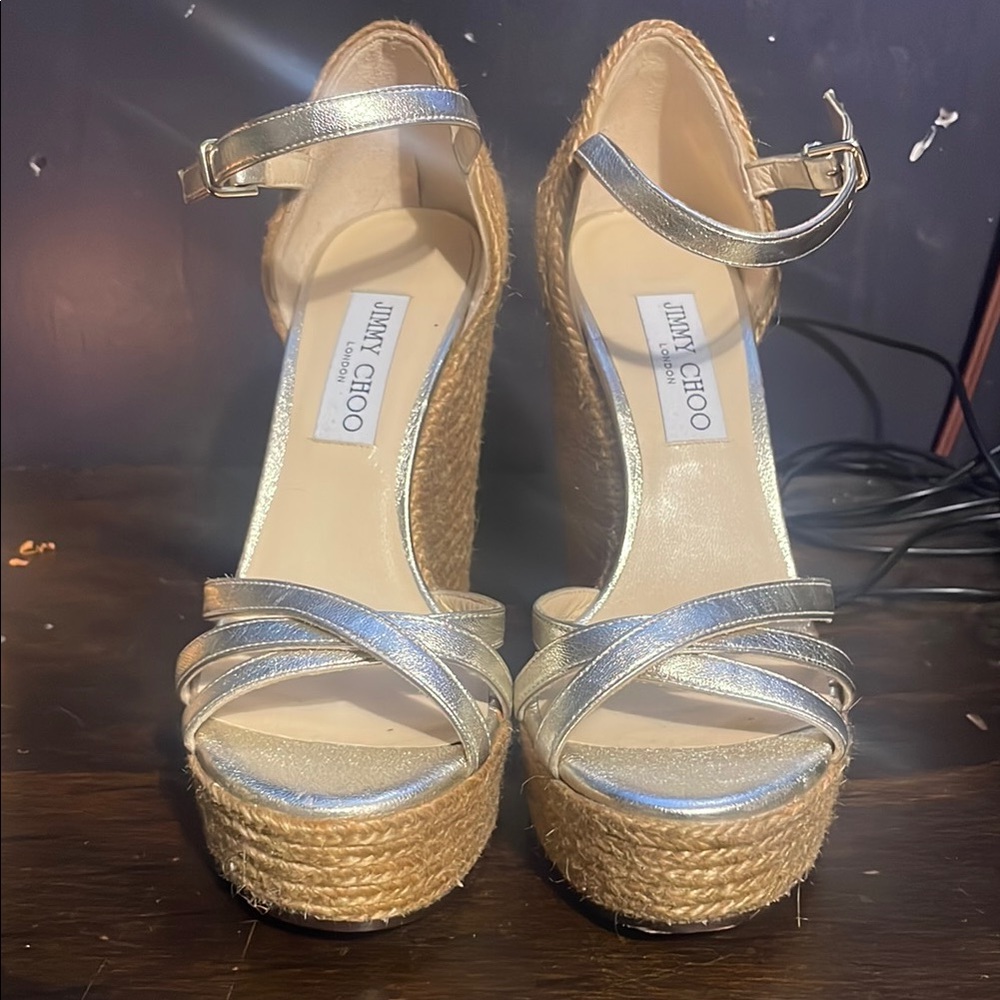 Jimmy Choo Metallic Silver and Tan Wedges